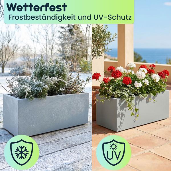 Blumentopf Rechteckig 58cm in Beton-Grau, Pflanzkasten 35L aus Kunststoff für Innen & Aussen, Frostsicher & UV-Beständig, Leichtgewicht