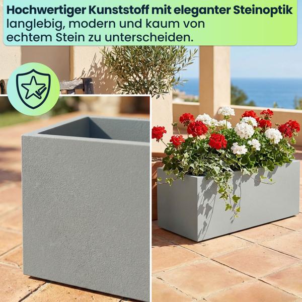 Blumentopf Rechteckig 58cm in Beton-Grau, Pflanzkasten 35L aus Kunststoff für Innen & Aussen, Frostsicher & UV-Beständig, Leichtgewicht