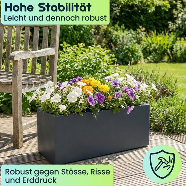 Blumentopf Rechteckig 58cm in Anthrazit, Pflanzkasten 35L aus Kunststoff für Innen & Aussen, Frostsicher & UV-Beständig, Leichtgewicht