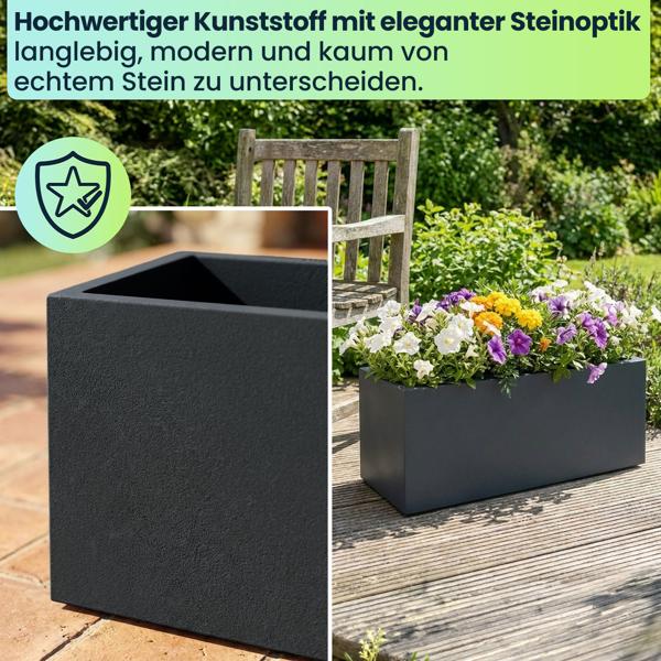 Blumentopf Rechteckig 58cm in Anthrazit, Pflanzkasten 35L aus Kunststoff für Innen & Aussen, Frostsicher & UV-Beständig, Leichtgewicht