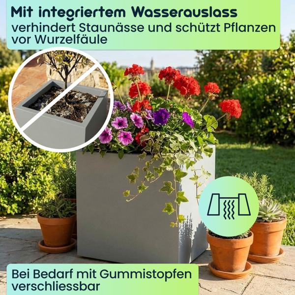 Blumentopf Quadratisch 47cm in Beton-Grau, Pflanzkasten 51L aus Kunststoff für Innen & Aussen, Frostsicher & UV-Beständig, Leichtgewicht