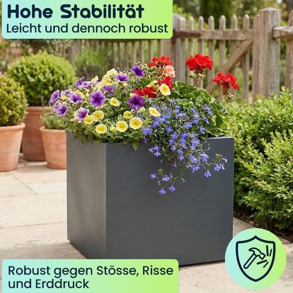 Blumentopf Quadratisch 47cm in Anthrazit, Pflanzkasten 51L aus Kunststoff für Innen & Aussen, Frostsicher & UV-Beständig, Leichtgewicht