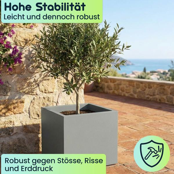 Blumentopf Quadratisch 58cm in Beton-Grau, Pflanzkasten 91L aus Kunststoff für Innen & Aussen, Frostsicher & UV-Beständig, Leichtgewicht