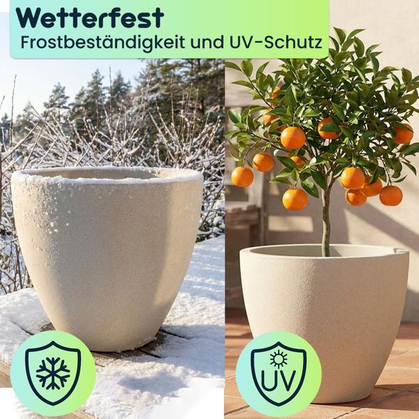 Moderner Pflanzkübel Rund Ø38cm in Sand, Blumentopf 23L aus Kunststoff für Innen & Aussen, Frostsicher & UV-Beständig, Leichtgewicht