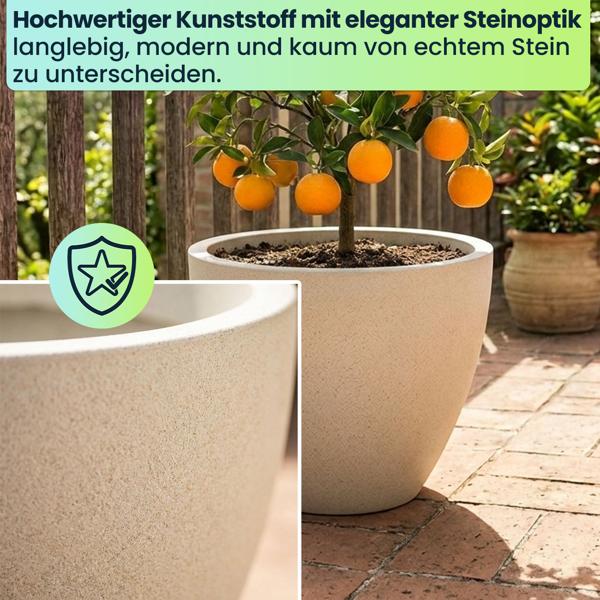 Moderner Pflanzkübel Rund Ø38cm in Sand, Blumentopf 23L aus Kunststoff für Innen & Aussen, Frostsicher & UV-Beständig, Leichtgewicht