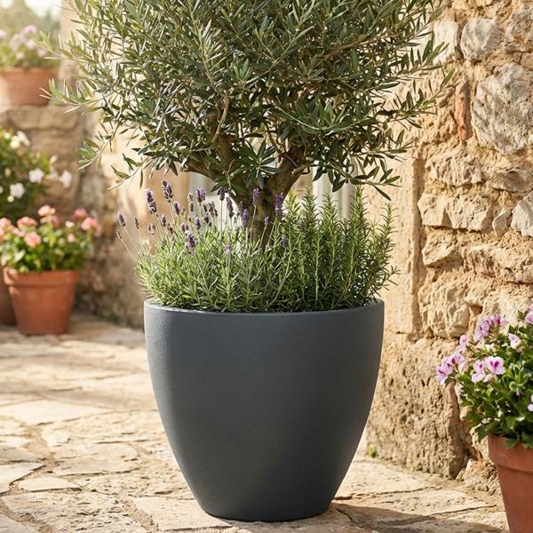 Blumentopf Rund 38cm, Graphit – Grosses Pflanzgefäss für Aussen und Innen – Moderne Optik & Edles Design für Garten und Terrasse