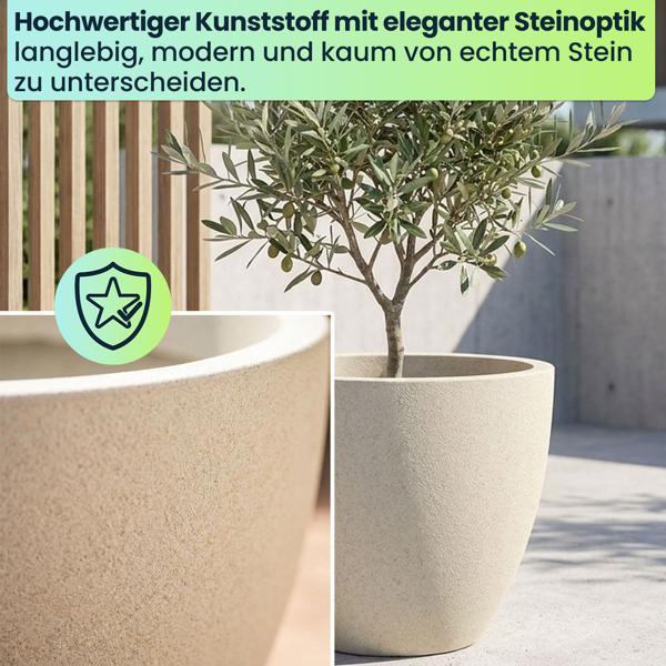 Moderner Pflanzkübel Rund Ø58cm in Sand, Blumentopf 86L aus Kunststoff für Innen & Aussen, Frostsicher & UV-Beständig, Leichtgewicht