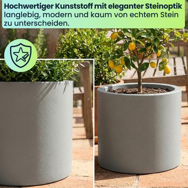 Moderner Blumentopf Rund Ø47cm in Beton-Grau, Pflanzkübel 40L aus Kunststoff für Innen & Aussen, Frostsicher & UV-Beständig, Leichtgewicht