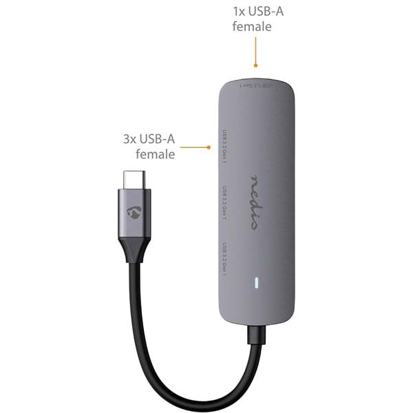 Premium USB-C Hub auf 4x USB-A 3.2 Gen 1 Adapter, schnelle 5 Gbit/s Superspeed Datenübertragung, graues & kompaktes Aluminiumgehäuse