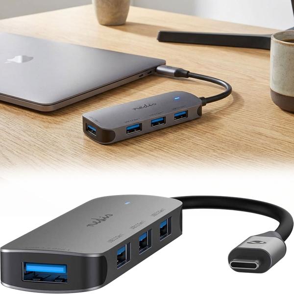 Premium USB-C Hub auf 4x USB-A 3.2 Gen 1 Adapter, schnelle 5 Gbit/s Superspeed Datenübertragung, graues & kompaktes Aluminiumgehäuse