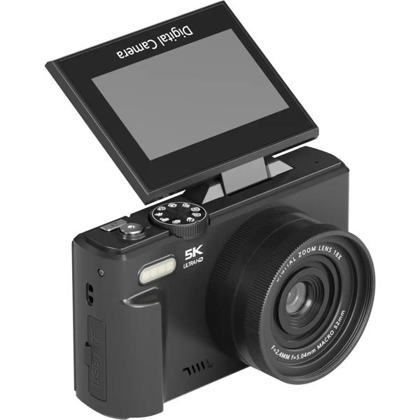 Compact 5K WiFi digital camera with 18x zoom, 75 MP photo resolution & 180° flip screen – ideal vlogging camera for YouTube & live streams
