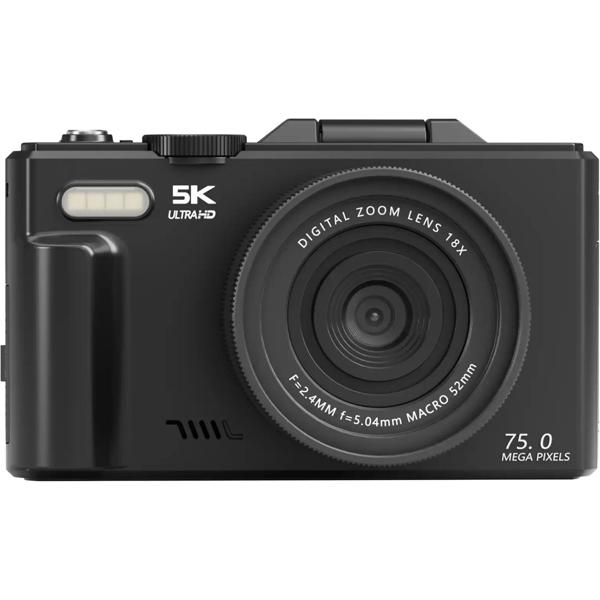 Compact 5K WiFi digital camera with 18x zoom, 75 MP photo resolution & 180° flip screen – ideal vlogging camera for YouTube & live streams