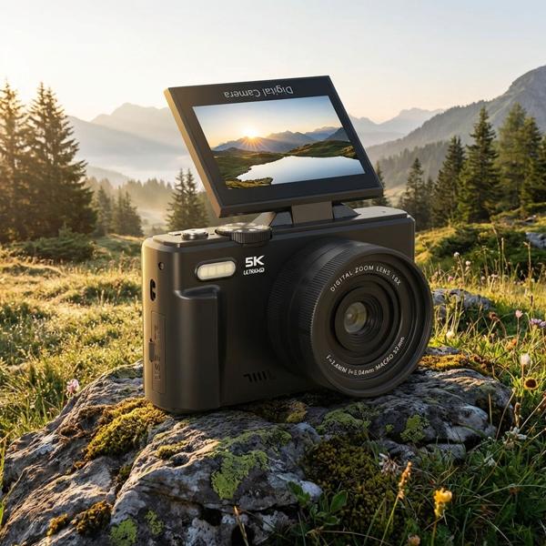 Compact 5K WiFi digital camera with 18x zoom, 75 MP photo resolution & 180° flip screen – ideal vlogging camera for YouTube & live streams