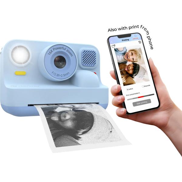 Kinder-Druckkamera mit Bluetooth, Blau: Sofortbildkamera mit Thermodruck für Smartphone-Fotos, Full-HD-Video & 48MP Selfie-Linse
