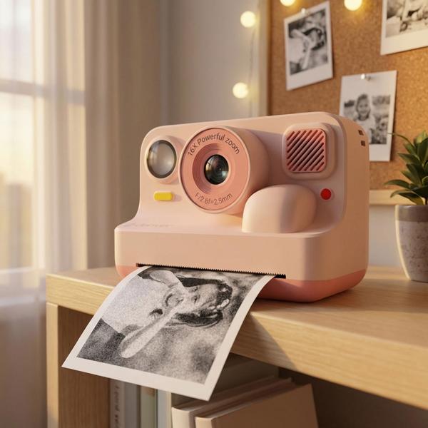 Kinder-Druckkamera mit Bluetooth, Rosa: Sofortbildkamera mit Thermodruck für Smartphone-Fotos, Full-HD-Video & 48MP Selfie-Linse