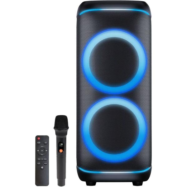 Bluetooth-Partylautsprecher 200W RMS: Musikbox mit LED-Lichtshow, TWS, Akku, Rollen, Mikrofon & Fernbedienung - IPX4 Spritzwasserschutz