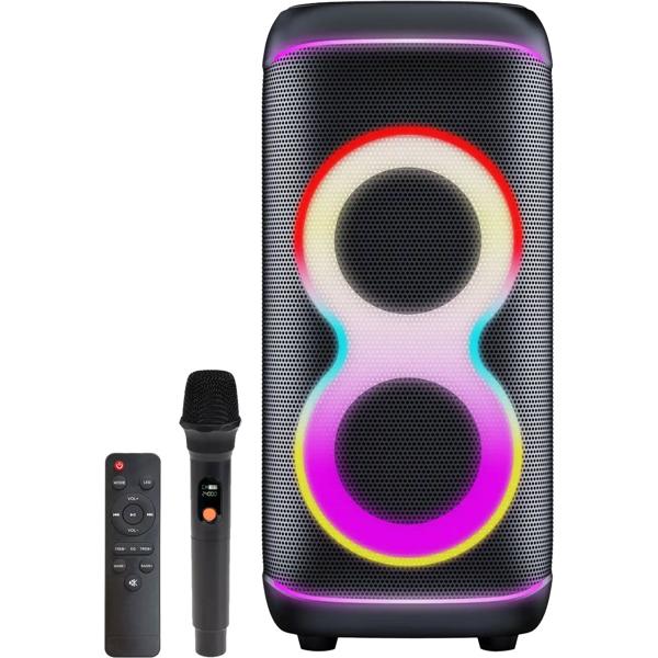 Powerful Bluetooth party speaker with 100W RMS, TWS, LED light show, microphone & remote control – IPX4 weather-resistant sound system for outdoor use