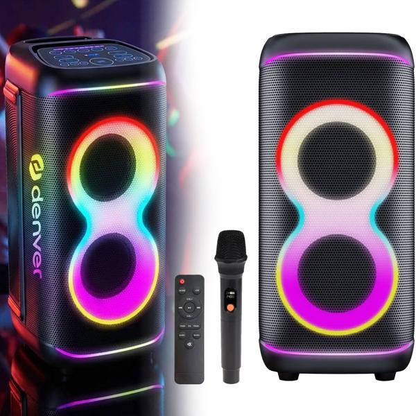 Powerful Bluetooth party speaker with 100W RMS, TWS, LED light show, microphone & remote control – IPX4 weather-resistant sound system for outdoor use