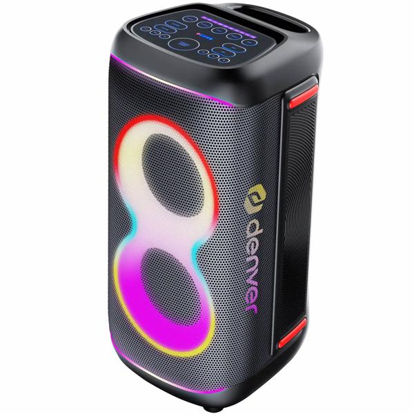 Powerful Bluetooth party speaker with 100W RMS, TWS, LED light show, microphone & remote control – IPX4 weather-resistant sound system for outdoor use