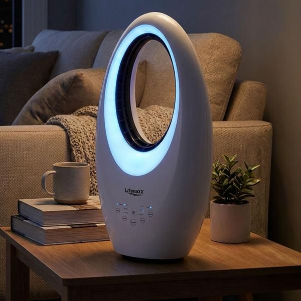 Ventilatore senza pale con LED: moderno ventilatore a torre con telecomando, oscillazione & timer – perfetto per giornate fresche e ventilate