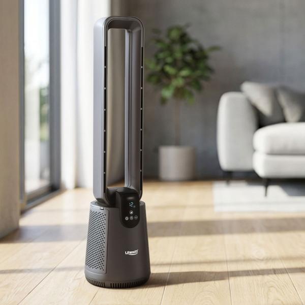 Bladeless tower fan with HEPA filter & ioniser – efficient air purifier, 12 levels, oscillation & remote control, 27 W