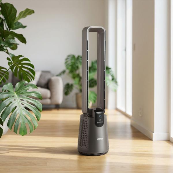 Bladeless tower fan with HEPA filter & ioniser – efficient air purifier, 12 levels, oscillation & remote control, 27 W