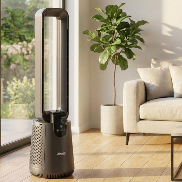 Bladeless tower fan with HEPA filter & ioniser – efficient air purifier, 12 levels, oscillation & remote control, 27 W