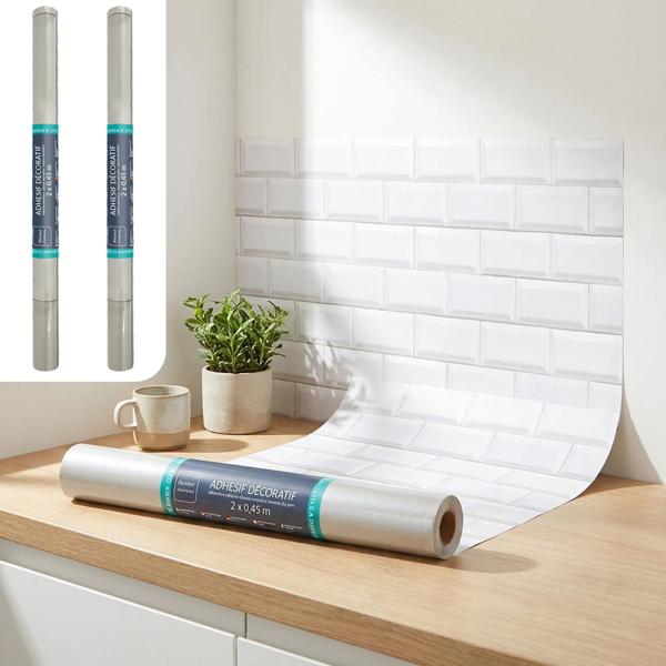 Set of 2 stylish adhesive films with brick look, white – high-quality self-adhesive decorative film, 45 cm x 200 cm