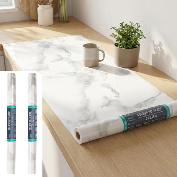 2er-Set Hochwertige Klebefolie Weisser Marmor – Moderne Dekofolie, selbstklebend, 45cmx200cm