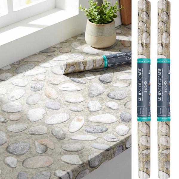 Set di 2 pellicole adesive moderne con motivo a ciottoli, grigio – pellicola decorativa di alta qualità, autoadesiva, 45 cm x 200 cm