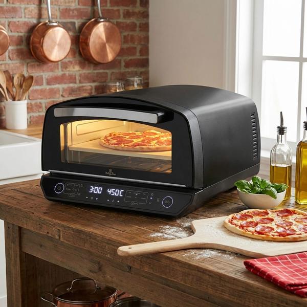 Pizzaofen elektrisch 450°C mit Pizzastein, 2200W Indoor Ofen für 33cm Pizza, Touch-Display, 10 Funktionen, inkl. Pizzaheber & Backblech, Schwarz