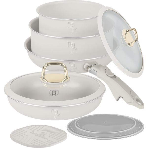 9-piece stackable cookware set with removable handle: non-stick, induction compatible, elegant matte cream design, robust