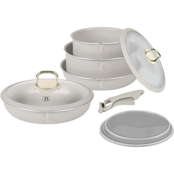 9-piece stackable cookware set with removable handle: non-stick, induction compatible, elegant matte cream design, robust