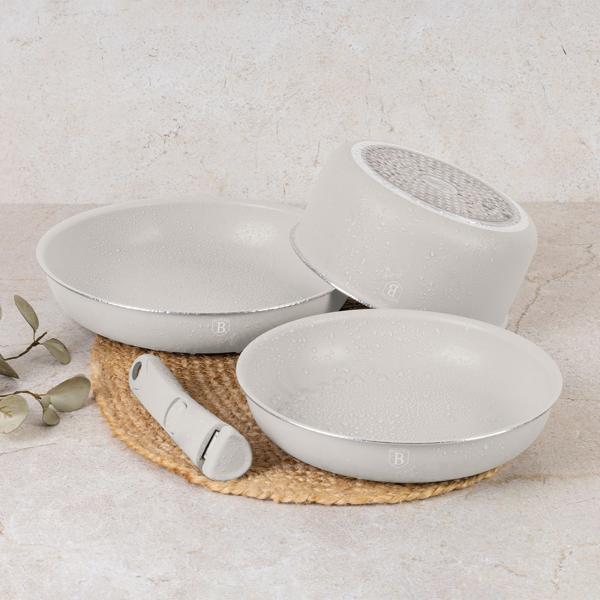 9-piece stackable cookware set with removable handle: non-stick, induction compatible, elegant matte cream design, robust