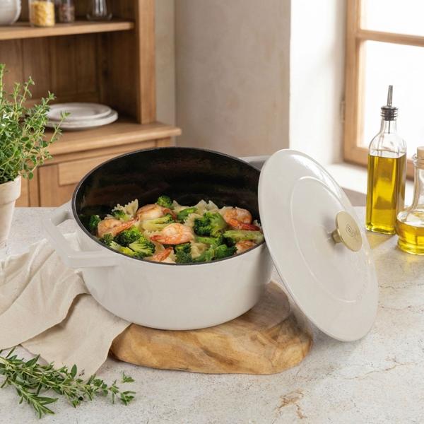 Cast iron casserole Ø24 cm 4.35 L, cream: Elegant casserole dish, induction-compatible & oven-safe – roaster for braising, baking & serving