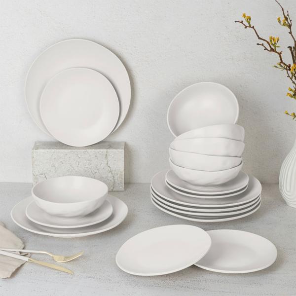 Exklusives 18-tlg. Geschirr-Set Creme: Tafelservice aus Steinzeug für 6 Personen, spülmaschinenfest & mikrowellengeeignet - für elegante Dinner