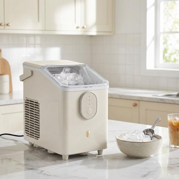 Macchina per cubetti di ghiaccio – Compatto ice maker dal design retrò con serbatoio 0,8L & 120W – 12kg di ghiaccio in 24h – Inclusa pratica paletta per il ghiaccio, crema