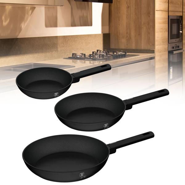 Elegante set di 3 padelle in alluminio nero opaco – set di padelle antiaderenti di alta qualità, facile da pulire per la cucina moderna