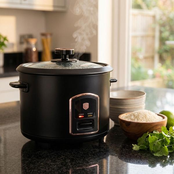 Moderner Reiskocher 1,8L 700W, Antihaft-Topf in Schwarz-Roségold, edler Reisgarer für perfekte Kochergebnisse, effizient & stilvoll