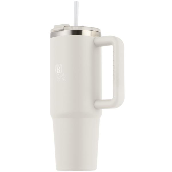 Insulated mug 1 litre stainless steel with 30 cm straw, matte cream – modern thermal mug for coffee, iced tea and more – keeps drinks hot or ice‑cold for hours