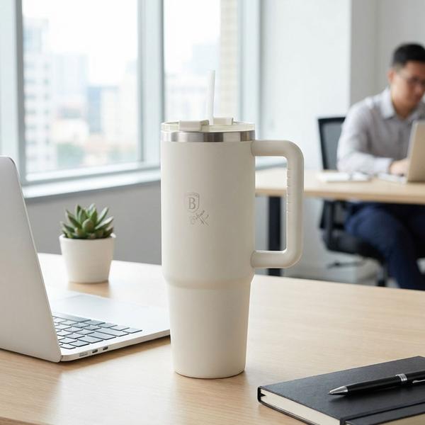Insulated mug 1 litre stainless steel with 30 cm straw, matte cream – modern thermal mug for coffee, iced tea and more – keeps drinks hot or ice‑cold for hours