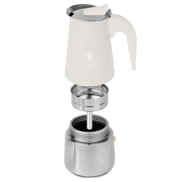 Espresso maker for 6 cups, matt cream: stainless-steel moka pot, fast espresso maker for perfect coffee enjoyment, easy-care
