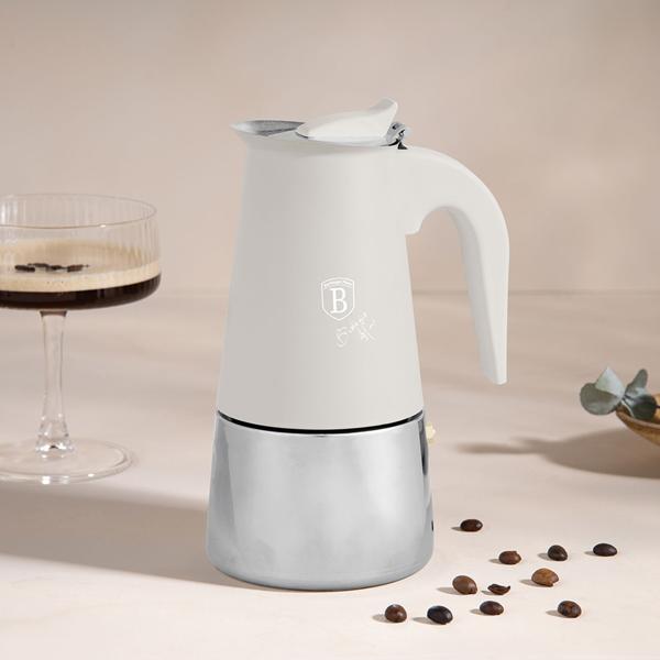 Espresso maker for 6 cups, matt cream: stainless-steel moka pot, fast espresso maker for perfect coffee enjoyment, easy-care