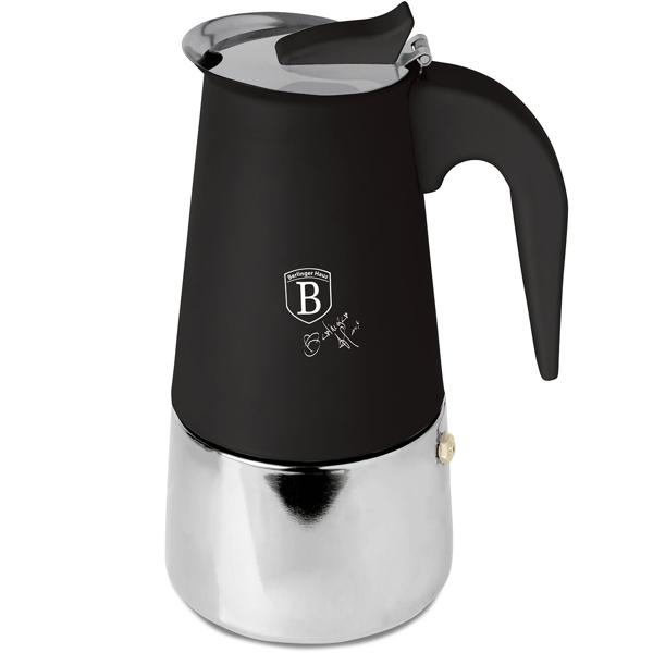 Espresso maker for 6 cups, matt black: stainless-steel moka pot, fast espresso maker for perfect coffee enjoyment, easy-care