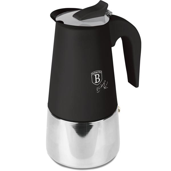 Espresso maker for 6 cups, matt black: stainless-steel moka pot, fast espresso maker for perfect coffee enjoyment, easy-care