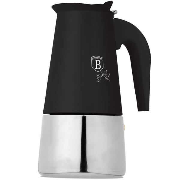 Espresso maker for 6 cups, matt black: stainless-steel moka pot, fast espresso maker for perfect coffee enjoyment, easy-care