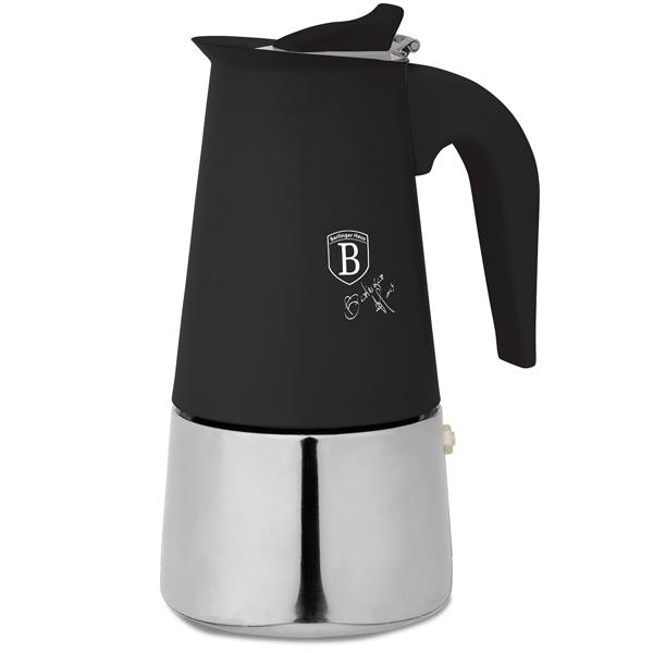 Espresso maker for 6 cups, matt black: stainless-steel moka pot, fast espresso maker for perfect coffee enjoyment, easy-care