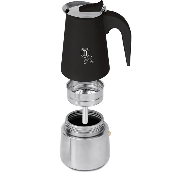 Espresso maker for 6 cups, matt black: stainless-steel moka pot, fast espresso maker for perfect coffee enjoyment, easy-care