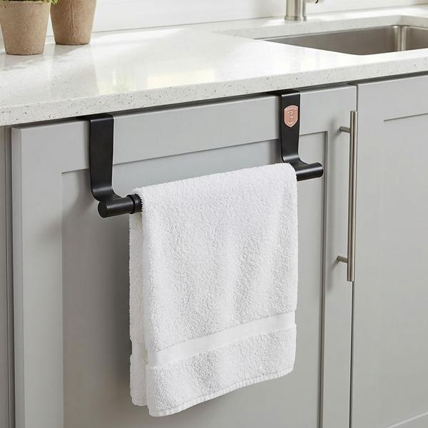 Extendable stainless steel tea towel holder, black‑rose gold, adjustable 23–40 cm – space‑saving towel holder for kitchen and cupboard