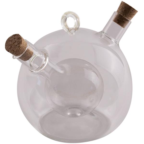 Elegant 2-in-1 glass oil and vinegar dispenser – spherical shape with cork stoppers – 350 ml & 50 ml combined vinegar oil bottle – designer cruet set for refilling